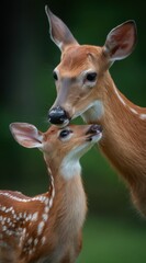Obraz premium Two Deer In A Forest With Water Droplets On Their Fur And A Blurred Green Background