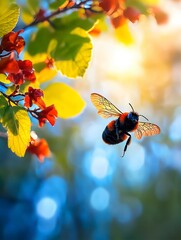 Vibrant Flying Bee Among Bright Spring Flowers in Sunny Garden