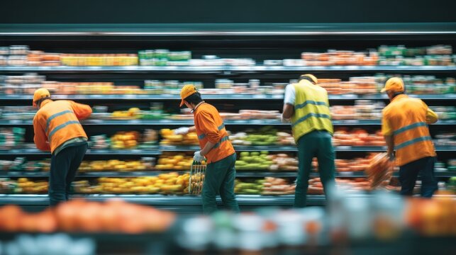 Grocery store workers restocking produce