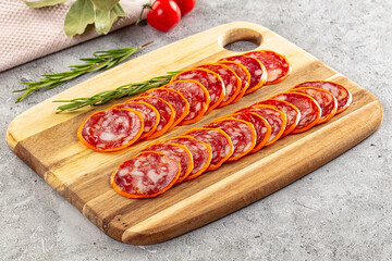 Spicy salami sausage in the cheese