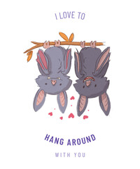 Cute Bat Couple Illustration | Valentine Bats in Love, Upside Down Cartoon Bats, Pun Valentine Card Art, Romantic Animal Couple for T-Shirts, Wall Art & Prints