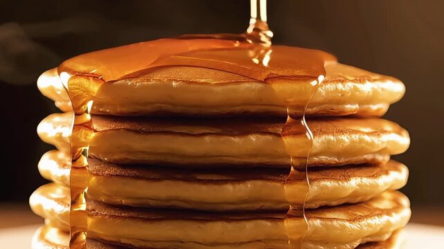 Cinematic Close-Up of Fluffy Golden Pancake Stack with Warm Light and Steam, Breakfast Food Background in 4K