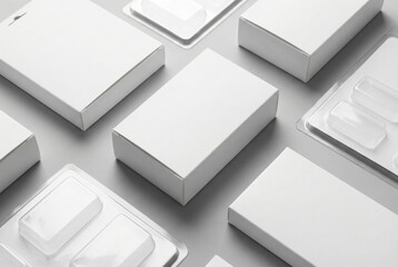 Contemporary Packaging Solutions in Minimalist Design Featuring an Array of White Boxes and Blister Packs Showcasing Clean Lines and Modern Aesthetics