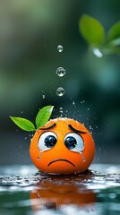 Sad Orange Fruit Crying in Rain with Water Drops and Splashes