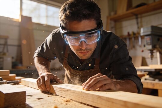 Innovatives Handwerk: Tischler nutzt Augmented-Reality-Brille zur pr&auml;zisen Bearbeitung von Massivholz in einer modernen Werkstatt