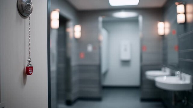 Medium shot highlighting an emergency pull cord within an accessible patient restroom with blurred medical exam rooms visible beyond the door.