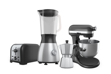 Collection of modern kitchen appliances including blender, mixer, toaster, and moka pot isolated on a white background