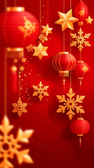Beautiful Chinese New Year Backdrop with Multiple Hanging Red Lanterns Golden Stars and Ornate Paper Snowflakes for Celebration