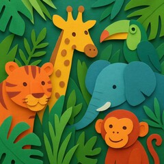 Fototapeta premium Vibrant jungle animals crafted from layered paper, creating a whimsical illustration