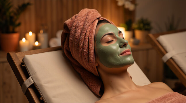 Woman with green facial mask and towel wrap relaxing in a spa. Female client receiving skincare treatment on a wooden lounger. Wellness and self-care concept
