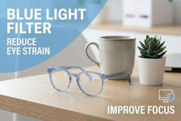 Innovative blue light filter glasses on a minimalist desk setting enhancing focus with modern design elements to alleviate eye strain in digital environments emphasizing productivity