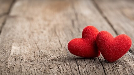 Fototapeta premium Romantic valentine background with two red hearts on wood