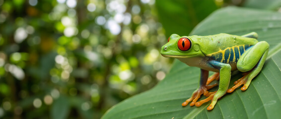 Red-eyed tree frog on a green leaf in a tropical rainforest. Vibrant exotic amphibian in the jungle. Wide shot with copy space