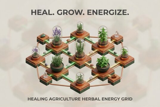 Interconnected herbal energy grid representing holistic healing and sustainable agriculture through botanical cultivation and innovative energy pathways fostering resilience and growth