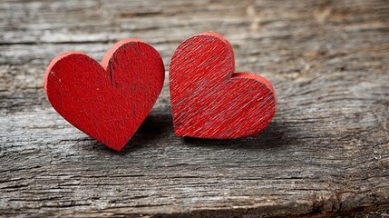 Romantic valentine background with two red hearts on wood