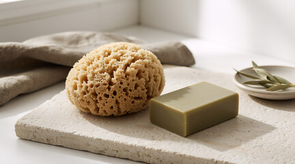 Natural skincare still life with an olive soap bar and a sea sponge. Organic body care products for a spa and wellness routine on a stone background