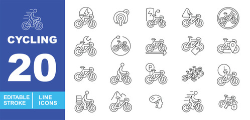Obraz premium Cycling and bicycle services line icon set. Editable stroke icons for Bike Sharing, E-bike Charging, Repair Services, and Urban Cycling. Featuring Electric Bike, Bike GPS Tracking, No Cycling Sign