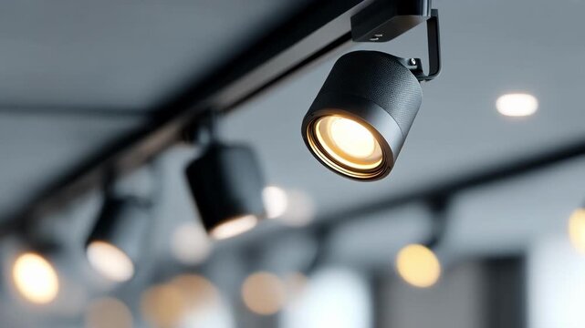 Smart studio lights on a ceiling track dynamically adjusting warm and cool tones one fixture in sharp focus with blurred surroundings.