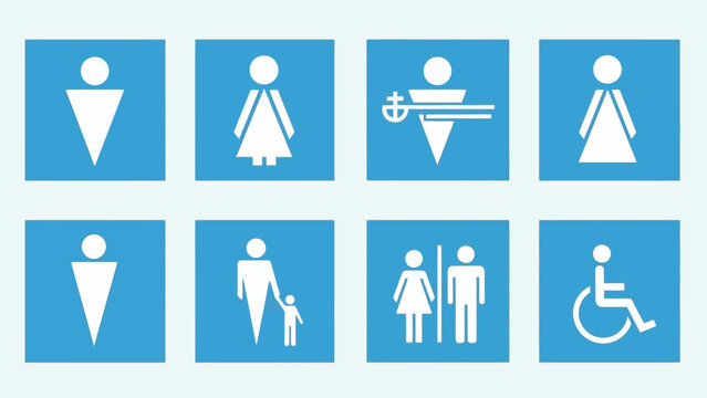 Collection of restroom signs for men women disabled and family.