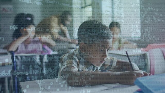 Animation of computer programming language over asian boy writing in book in classroom
