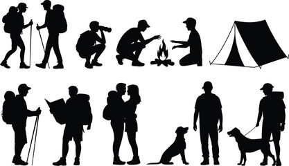 Naklejka premium Set of outdoor hiking and camping silhouettes featuring backpackers, travelers with dogs, a campfire, tent, and couples trekking in nature for adventure travel design.