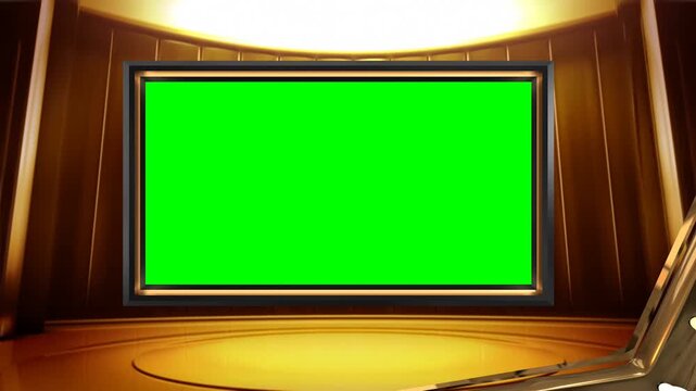 A green screen monitor with film clapperboard on a wooden desk in a professional studio environment 