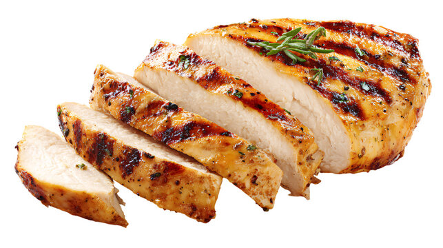 Isolated grilled chicken breast with grill marks and herbs.