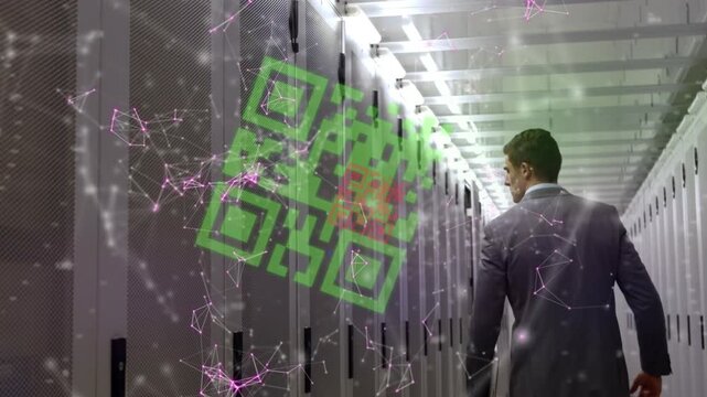 Animation of qr code scanner and network of connections over male engineer walking in server room