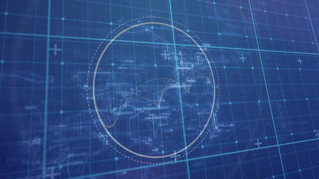 Animation of dna stricture spinning over round banner against grid network on blue background