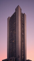 Modern skyscraper stands tall against twilight sky