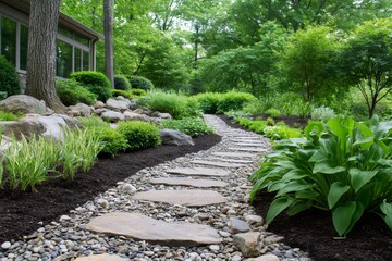 Obraz premium Stepping stone pathway winding through lush garden landscaping