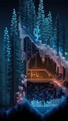 Nighttime snowy cabin in a forest