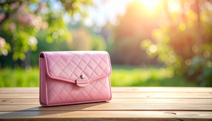 A pink quilted women's wallet floats on a wooden table outdoors in a serene natural setting with lush greenery