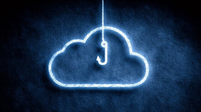 A creative illustration of a fishing hook dangling from a cloud, representing cloud security and phishing concepts. - Powered by Adobe