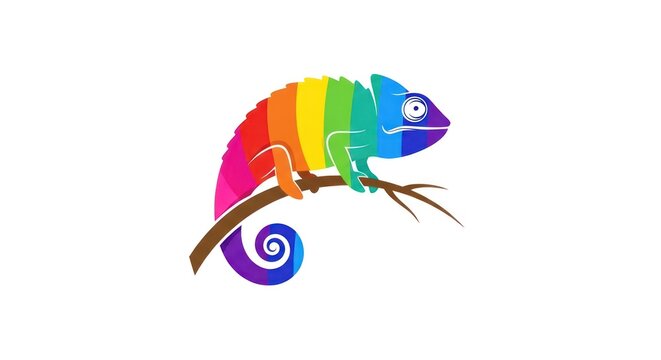 Colorful chameleon on a branch, graphic, isolated on white