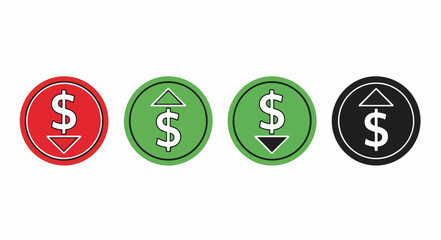 Four colored icons depicting dollar sign symbols with arrows on a white background, conveying financial or economic concepts.