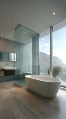 Modern bath with mountain view & light