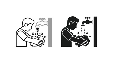 Line art illustration of a man washing hands under hot and cold water faucets in contrasting black and white.