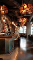 Elegant bar interior with unique lighting design