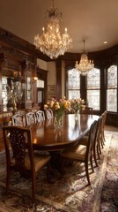 Chic dining room with chandeliers and flowers