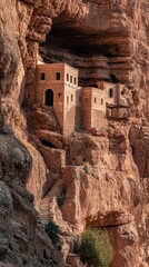 Ancient stone monastery built into rocky hillside