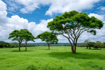 Obraz premium Tropical green field with trees and blue sky
