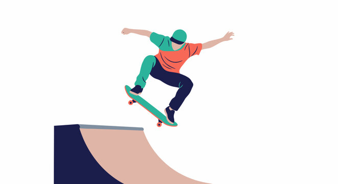 Skateboarder catching air time jumping off half pipe ramp