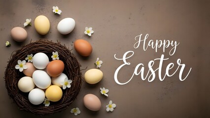 Happy easter eggs in a basket with flowers on brown background