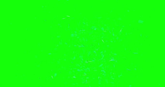 Flying shattered glass fragments in slow motion footage with green screen. 3D 4K FX animation.
