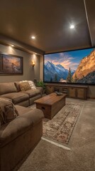 Cozy home theater with mountain view at sunset
