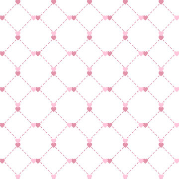 A seamless pattern of diamond grid embroidery with hearts on white background. Symbol of love. For designing Mother's Day or Valentine's Day greeting cards. Vector illustration.