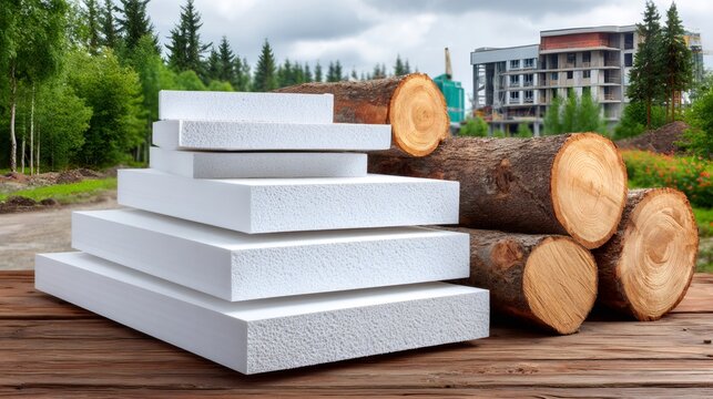 Styrofoam insulation boards and timber logs at construction site