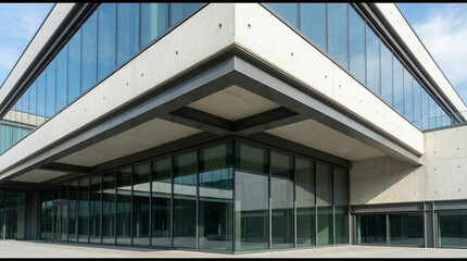 Obraz premium Modern concrete building exterior with curved glass facade and geometric design
