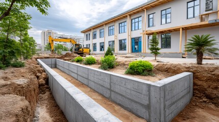 Building new school construction with excavator and concrete foundation